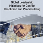 Handshake over a city skyline, representing collaboration for global conflict resolution and peacebuilding in the book "Global Leadership Initiatives."