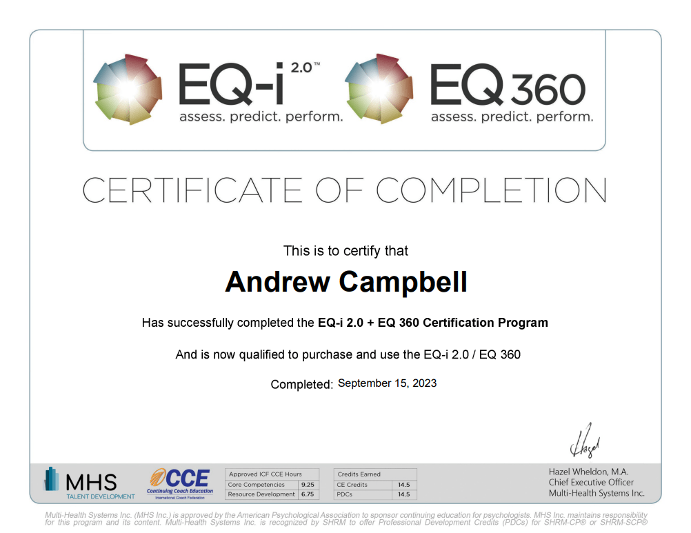 Certificate of completion for the EQ-i 2.0 and EQ 360 certification program, issued to Andrew Campbell on September 15, 2023.