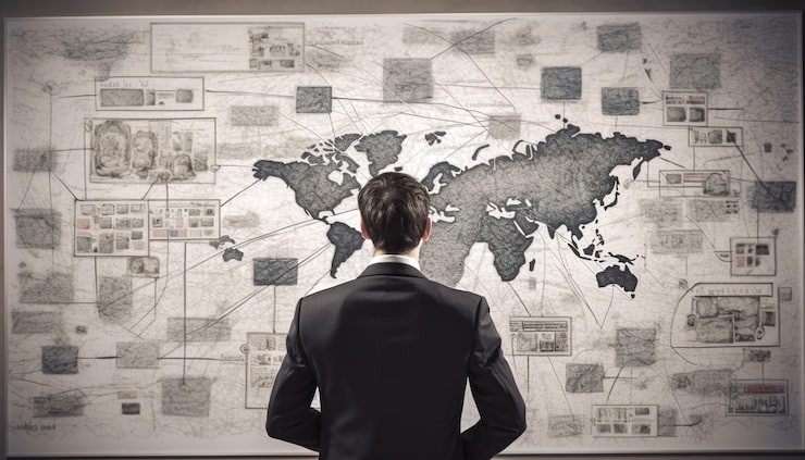 A man in a suit stands facing a large world map covered with notes and lines connecting various countries, suggesting analysis or strategic planning.
