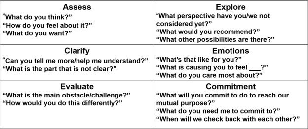 A chart with six sections titled: Assess, Explore, Clarify, Emotions, Evaluate, and Commitment. Each section has three questions for self-reflection.